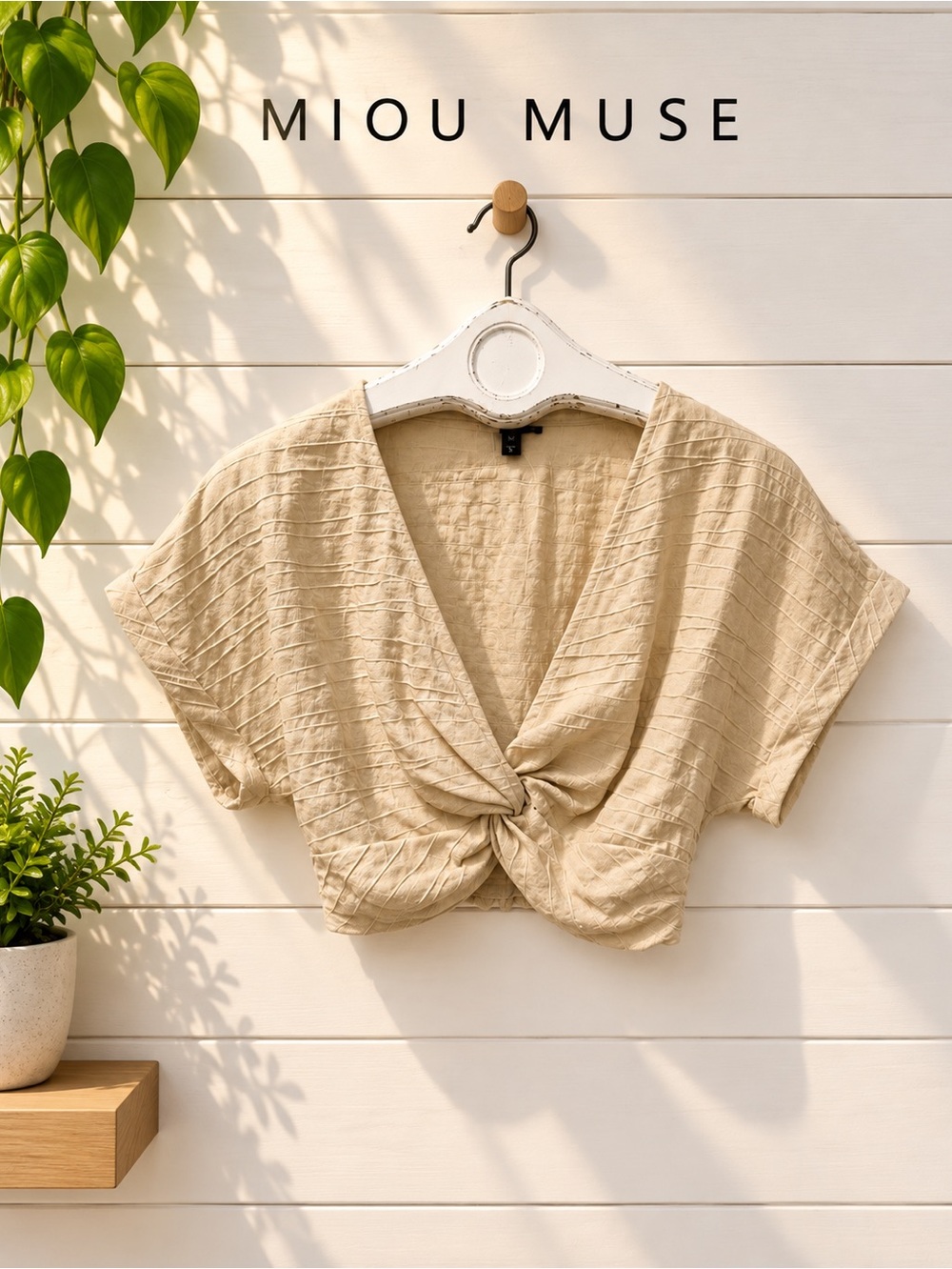 MIOU MUSE Beige Twist Front Crop Top Size S